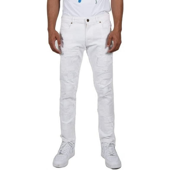 Humbolt | Men's Slim Fit Stitched & Multi Patched Drawstring Denim Jeans | Triple White