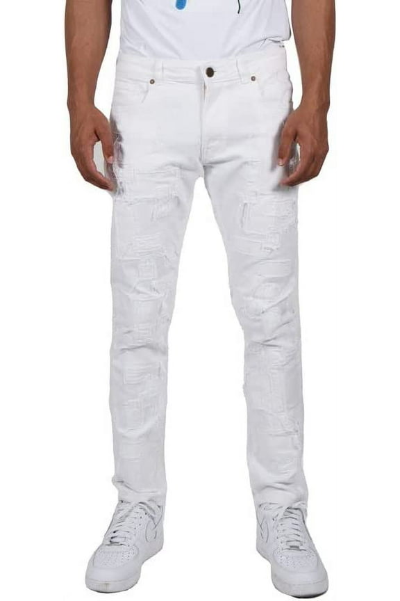 Humbolt | Men's Slim Fit Stitched & Multi Patched Drawstring Denim Jeans | Triple White
