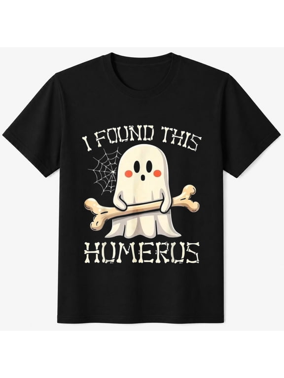 Humerus Ghost and Bone Halloween T-Shirt, Funny Spooky Season Graphic Short Sleeve Casual Shirt