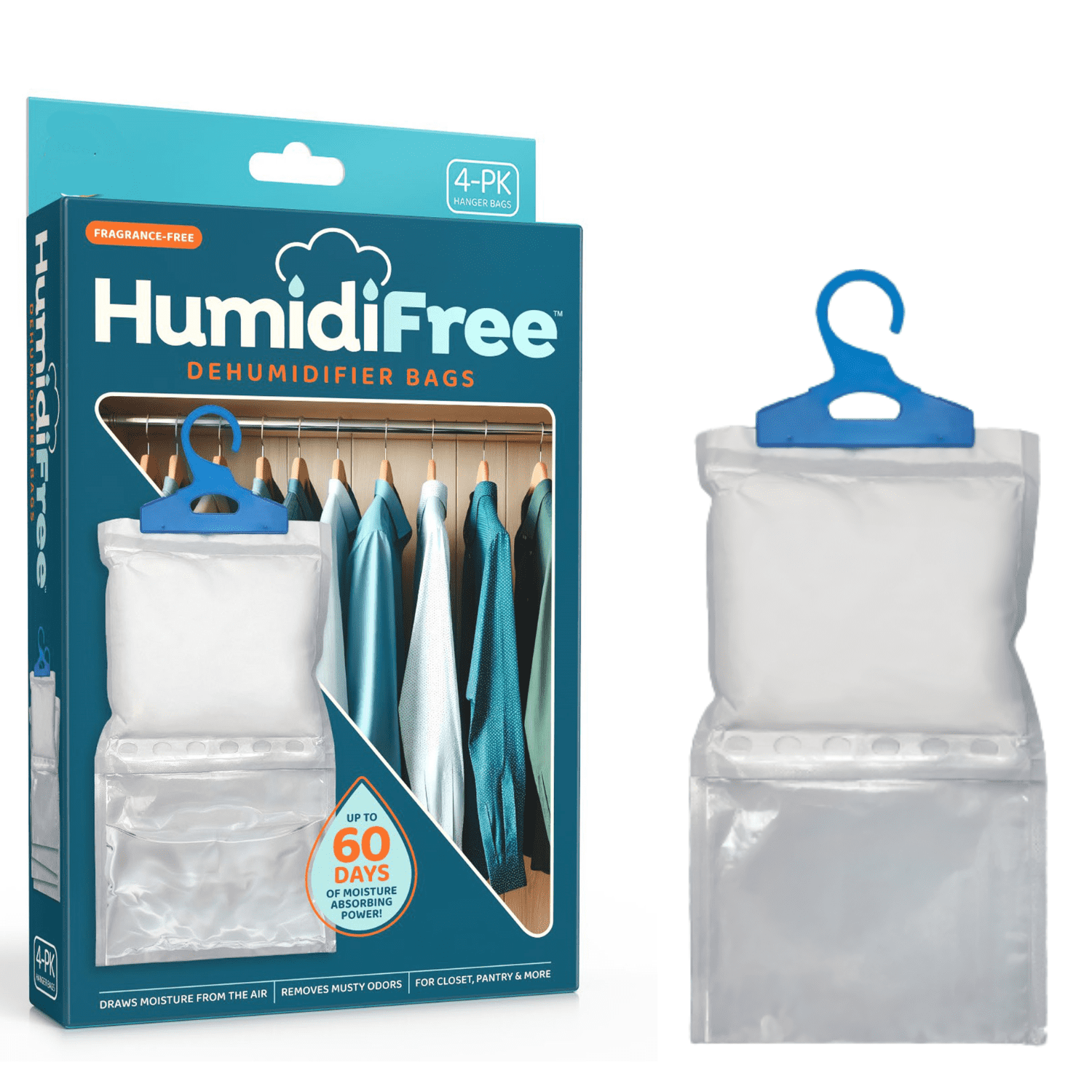 Humidi Free Hanging Dehumidifier Bags 4 Pack, Moisture Absorber for Closet, Bathroom & Basement, Humidity Control Hanging Bags, Fragrance-Free, Space Saving Design