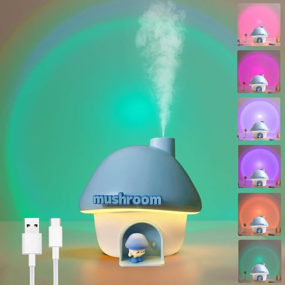 Humidifier for Bedroom, 300ML Cute Mushroom Humidifier with Night Light & 6 Colors Sunset Lamp Projection, Rechargeable Cool Mist Small Humidifier, Mini Humidifier Gifts for Kids Boys Girls