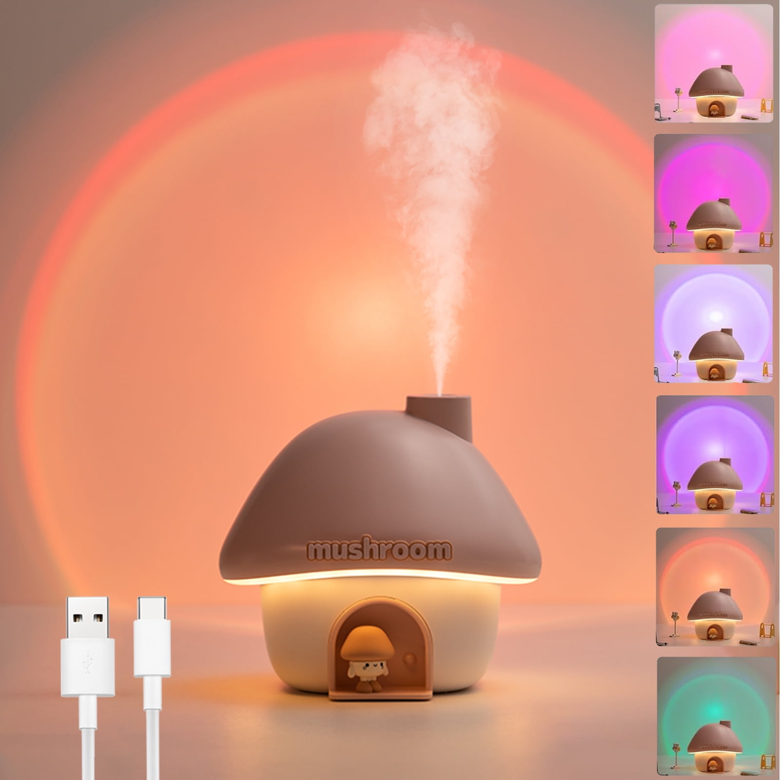 Humidifier for Bedroom, 300ML Cute Mushroom Humidifier with Night Light & 7 Colors Sunset Lamp Projection, Rechargeable Cool Mist Small Humidifier, Mini Humidifier Gifts for Kids Boys Girls