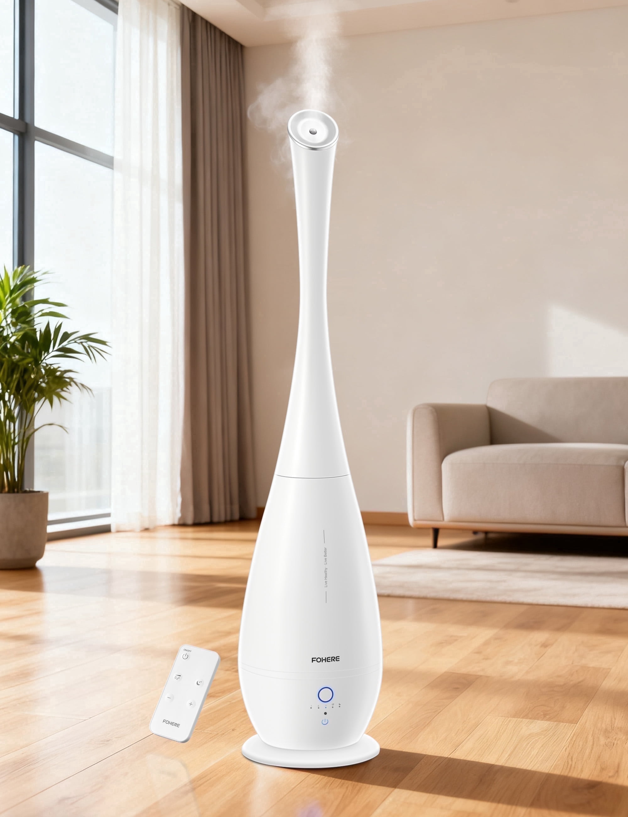 FOHERE 5L Ultrasonic Cool Mist Tower Humidifier, Smart Humidity Sensor with Remote, 48H Runtime Quiet Baby Bedroom Humidifier, Essential Oil Diffuser for Large Room Home Office, 3 Mist Speed, White