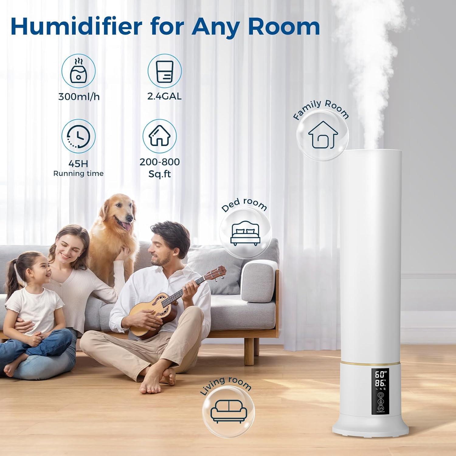 Humidifier Large Room,2.4Gal Cool Mist Humidifiers for Bedroom 9L High ...