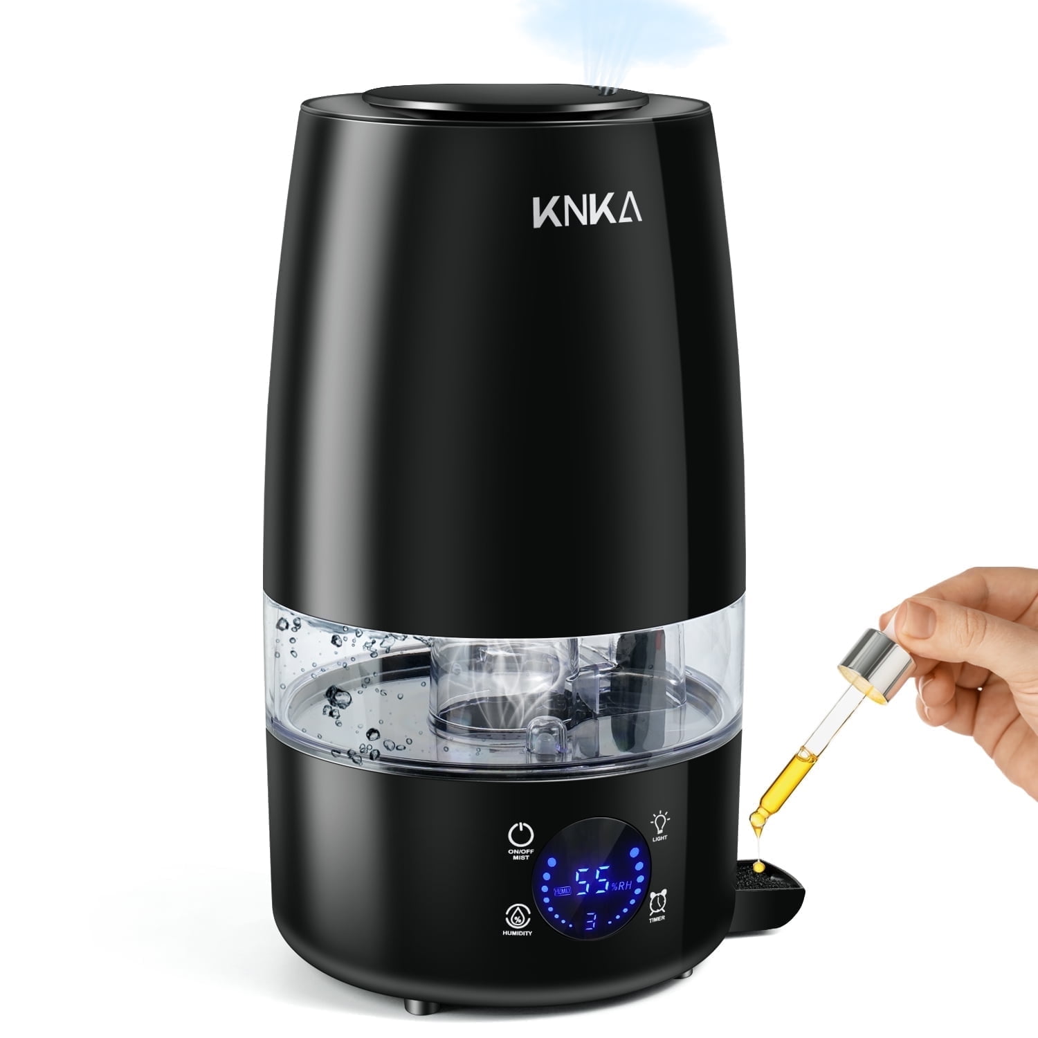 KNKA Humidifier, 4.5L/1.2Gal Humidifier for Room, Cool Mist Ultrasonic Humidifier for Home, 28dB Quiet, 32 H, Nightlight, Oil Diffuser for Bedroom, Plants, Baby Nursery, Filterless, Black