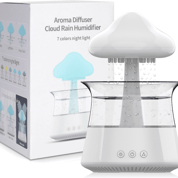 Humidifier for bedroom with Soothing Rain Sounds - Bedroom Sleep Aid, Waterfall Night Light, Air Moisturizer for bedroom and living room (White)