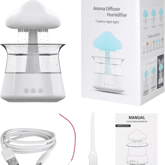 Humidifier for bedroom with Soothing Rain Sounds - Bedroom Sleep Aid, Waterfall Night Light, Air Moisturizer for bedroom and living room (White)