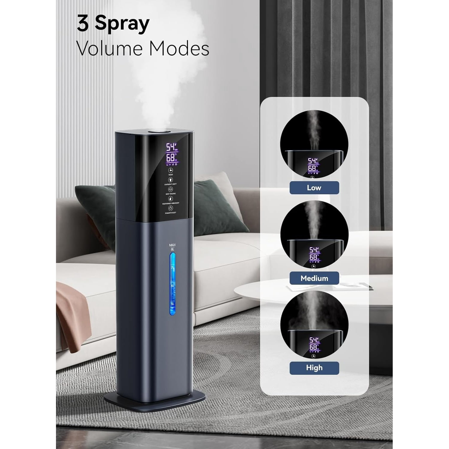 Humidifiers for Bedroom, 2.11Gal 8L Quiet Humidifiers for Large Room with Timer, 360°Nozzle, 3 Speed Ultrasonic Cool Mist Humidifier with Humidistat for Baby, Customize humidity for Home Adults Plant