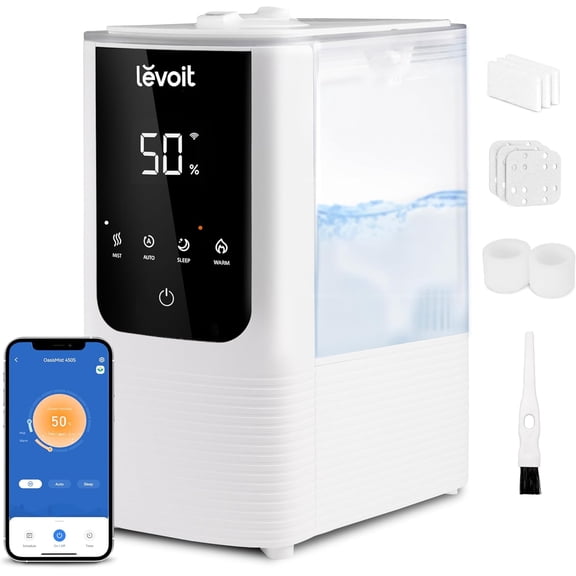 Humidifiers for Bedroom Home, Smart Warm and Cool Mist Air Humidifier Large Room, Auto Customized Humidity, Fast Symptom Relief, Easy Top Fill, Essential Oil, Quiet, OasisMist4.5L, White