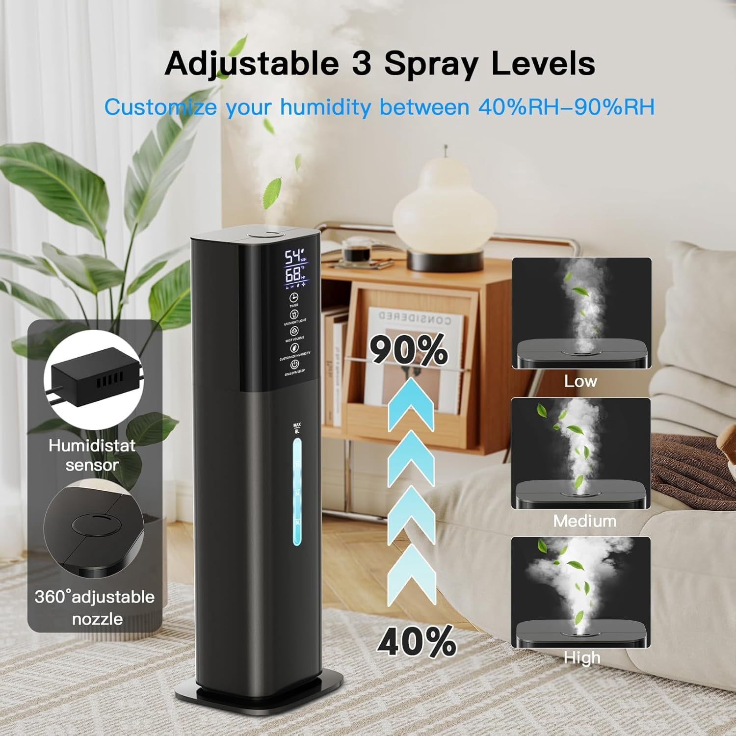 Humidifiers Large Room Bedroom with 7 Colors Light, 2.1Gal(8L) 3 Speed Quiet Ultrasonic Cool Mist Humidifier with 360° Nozzle, Humidity Setting, Timer,Aroma Box for Home Plant Baby Yoga Sleep (Gray)