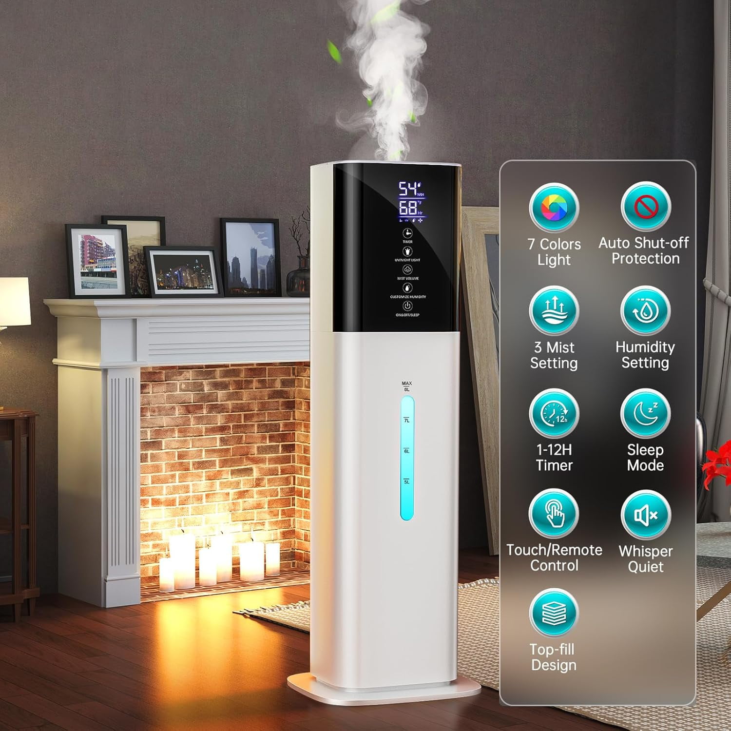 Humidifiers Large Room Bedroom with 7 Colors Light, 8L 2.1Gal Quiet Ultrasonic Cool Mist Topfill Humidifier with 3 Speed Humidistat Essential Oil Tray for Baby Home Plant Yoga Sleep
