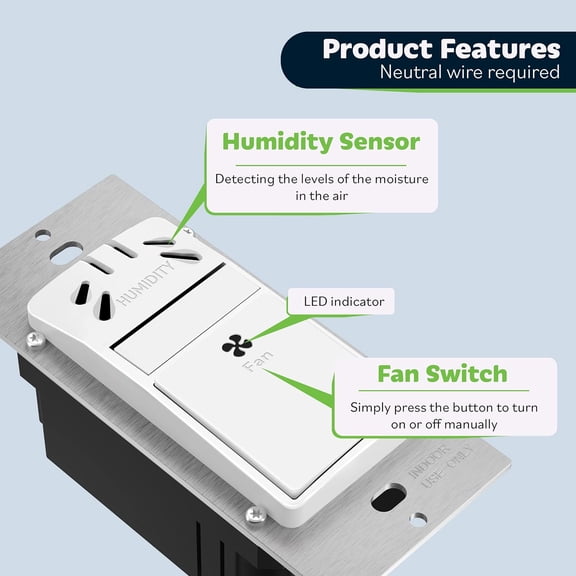 Humidity Sensor and Fan Control Switch, Ventilation Fan Humidity Sensor Switch, Neutral Wire Required, TDHS5, 2-Pack (Wall Plate Included)