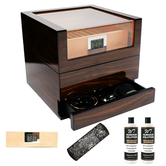 Humidor Cigar Box, Handcrafted Box Top 270" Elegant Glossy Spanish Cedar Humidors with Easy HumidificationSystem, Accurate Digital Hygrometer with 2 Humidor Solution by Wudytim