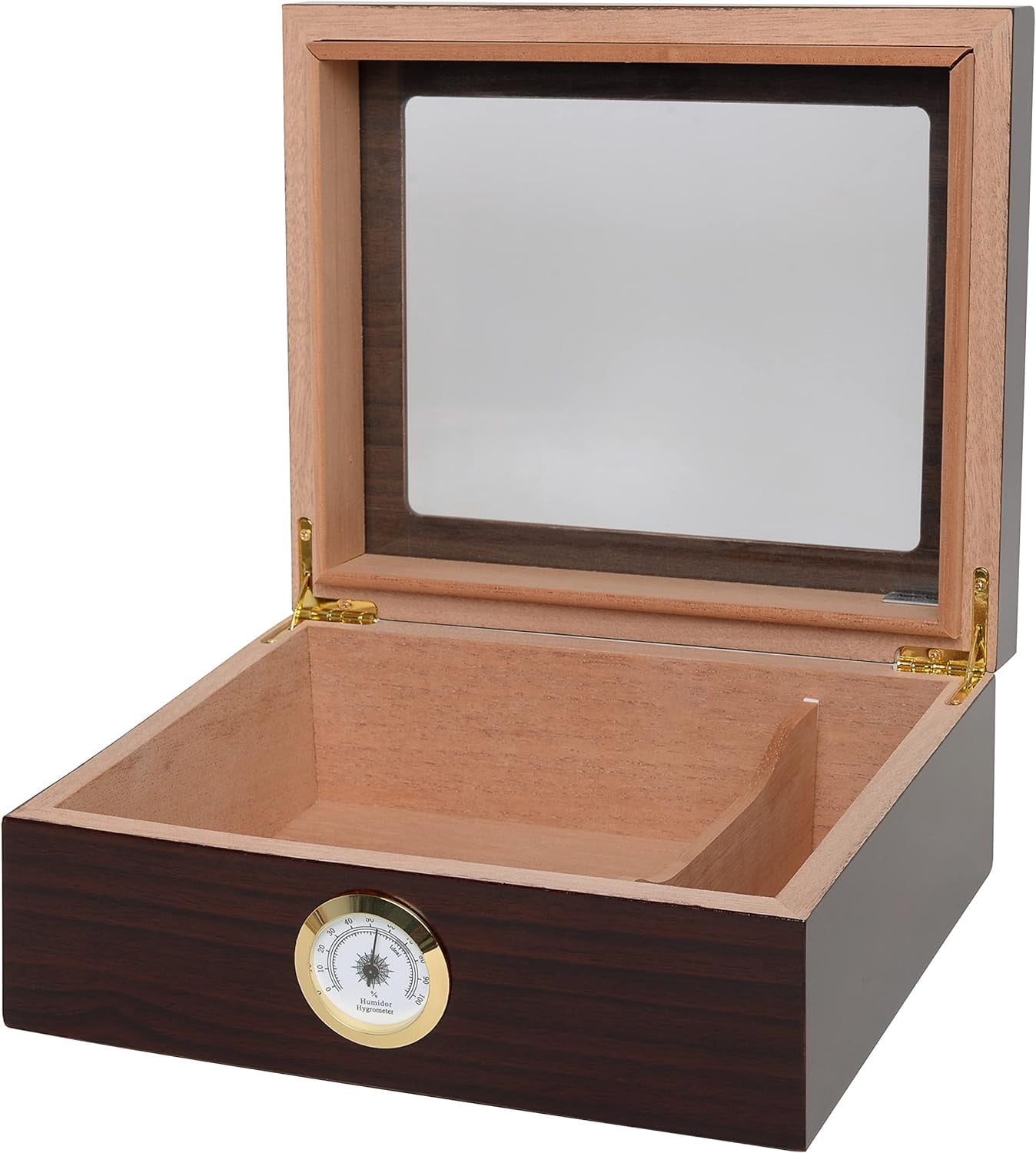 Humidor   Desktop Humidor with Glass Top, Mahogany  | Small Desktop  Storage with Spanish Cedar Tray & Divider |  Box with Humidifier & Glass Hygrometer, Holds 25-50 Cigars