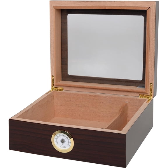 Humidor   Desktop Humidor with Glass Top, Mahogany  | Small Desktop  Storage with Spanish Cedar Tray & Divider |  Box with Humidifier & Glass Hygrometer, Holds 25-50 Cigars