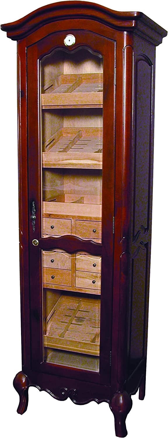 Humidor Supreme Antique Tower Humidor, Cigar Cabinet Holds Up to 3000 Cigars, 4 Shelves, 8 Drawers, 2 Interior A/C Outlets, Distressed French Walnut Finish
