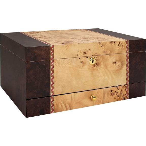 Humidor Supreme Florina Desktop Cigar Humidor with Accessory Drawer, Walnut Burl, Holds 45-80 Cigars