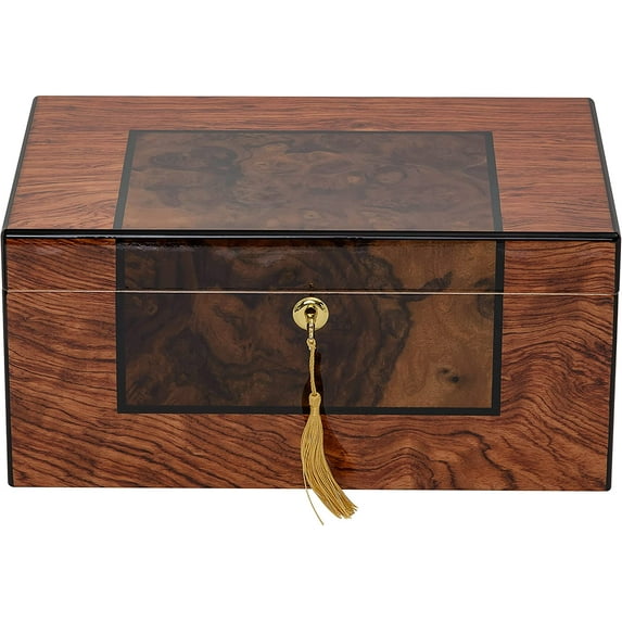 Humidor Supreme Rioja Desktop Cigar Humidor, High-Gloss Bobinga Wood with Walnut Burl Decorative Inlay 45-75 Cigar Cap