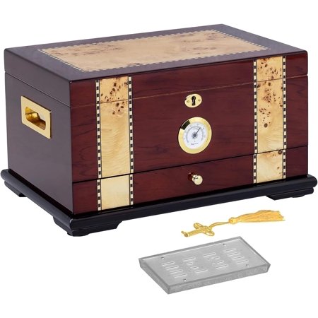 Humidor Supreme Solana Desktop Cigar Humidor with Accessory Drawer, Spanish Cedar Tray & Dividers | Rosewood Finish Cigar Storage Box with Humidifier & Front Glass Hygrometer | Holds 75 - 100 Cigars