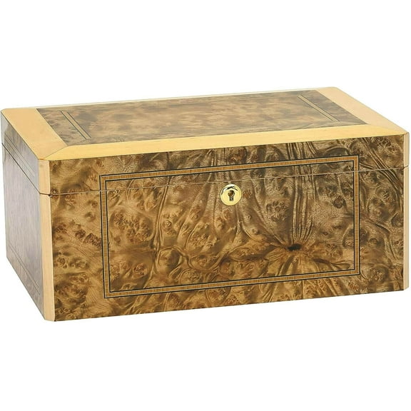 Humidor Supreme Solerno Desktop Cigar Storage Rustic Burl Wood and Maple Inlay , 55 Cigars, SureSeal Technology