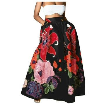 Humlua Women Bohemian Floral Print Skirt High Waist Party Beach Pocket Long Maxi Skirt