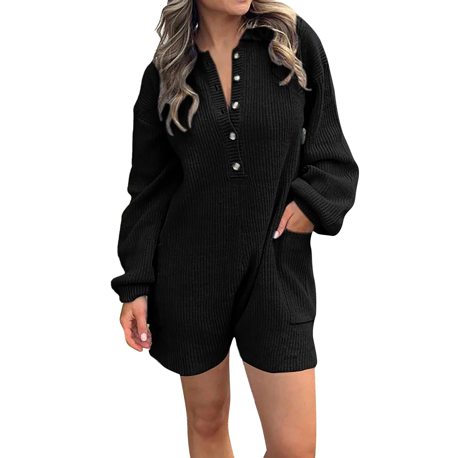 Humlua Women Long Sleeve Sweater Romper Button Down V Neck Onesie Knit