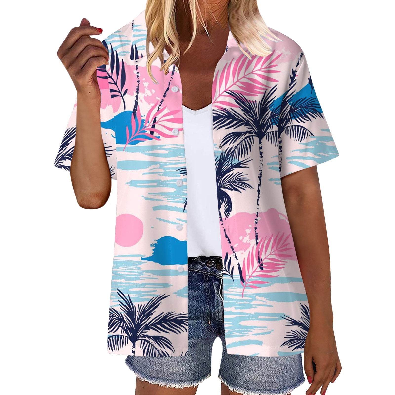 Humlua Women Summer Hawaii Shirts Soft Cool Floral Print Short Sleeve Button Down Shirts for Women Tops T Shirt Hawaiian Shirts for Women Funny