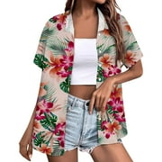 Humlua Women's Hawaiian Shirts, Soft Floral Print Short Sleeve Button-Down Summer Tops, Casual Vacation Beach Shirts