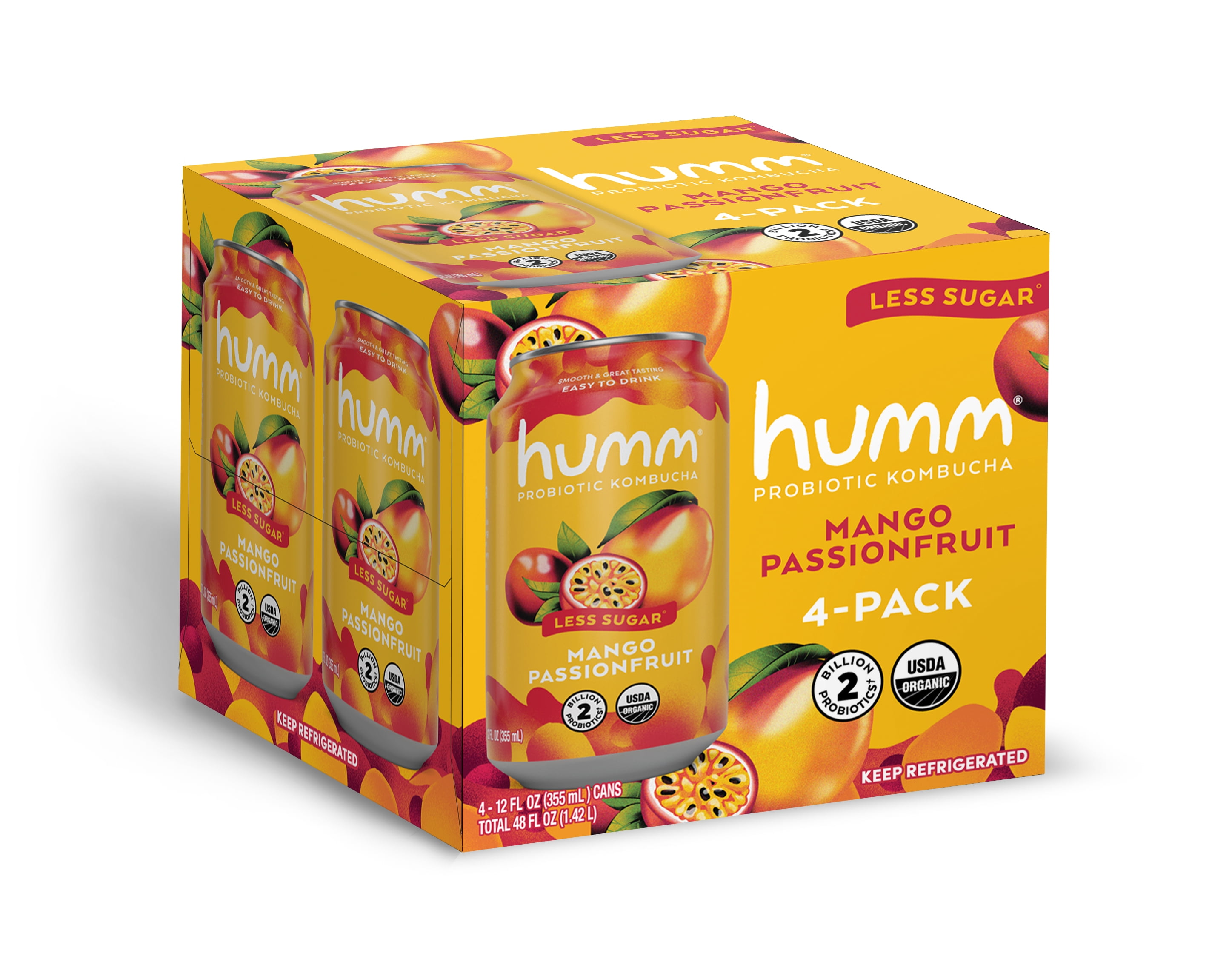 Humm Kombucha Mango Passionfruit - Organic, Vegan & GMO-Free (4 Pack)