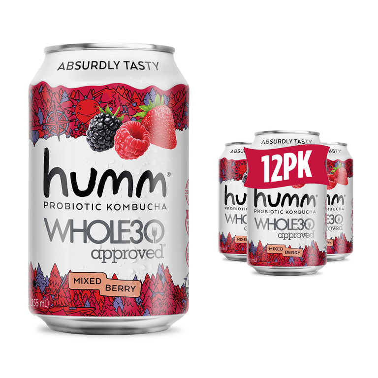 Humm Kombucha Whole30 Approved, Mixed Berries, 12-Pack, 12 oz Cans