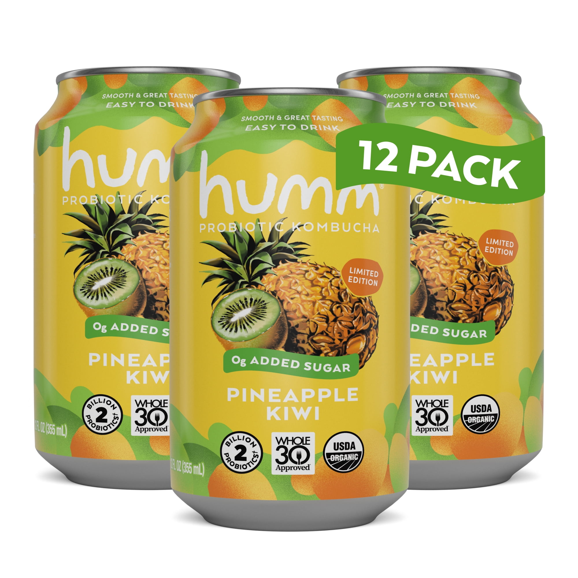 Humm Kombucha Whole30 Approved, Pineapple Kiwi, 12 Pack, 12 oz
