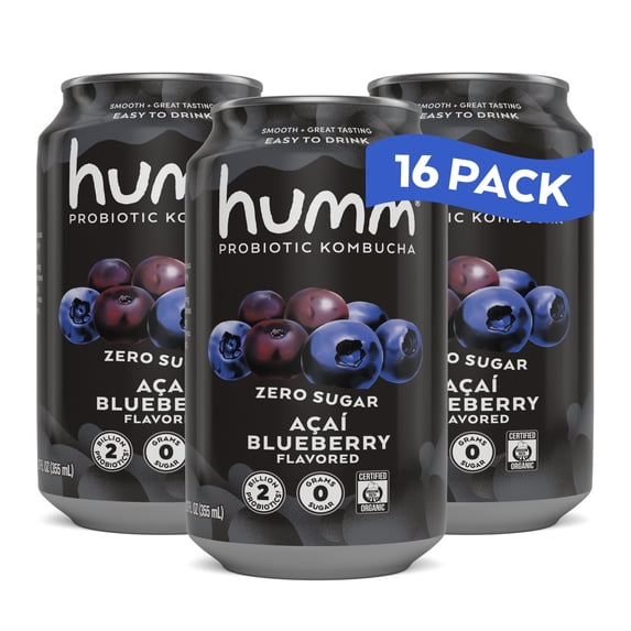 Humm Kombucha Zero Sugar Drink, Blueberry Acai, 16 Pack, 12 oz Cans