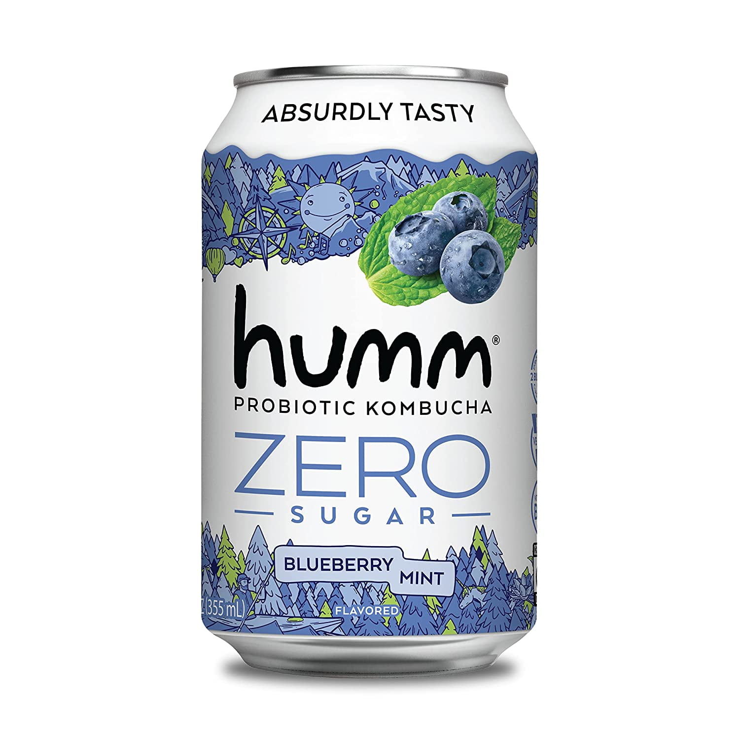 Humm Kombucha Zero Sugar Drink, Blueberry Mint, 16 Pack, 12 oz Cans