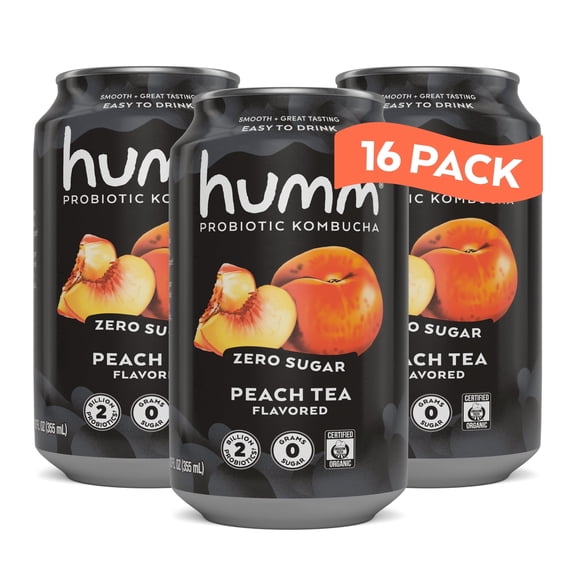 Humm Kombucha Zero Sugar Drink, Peach Tea, 16 Pack, 12 oz Cans