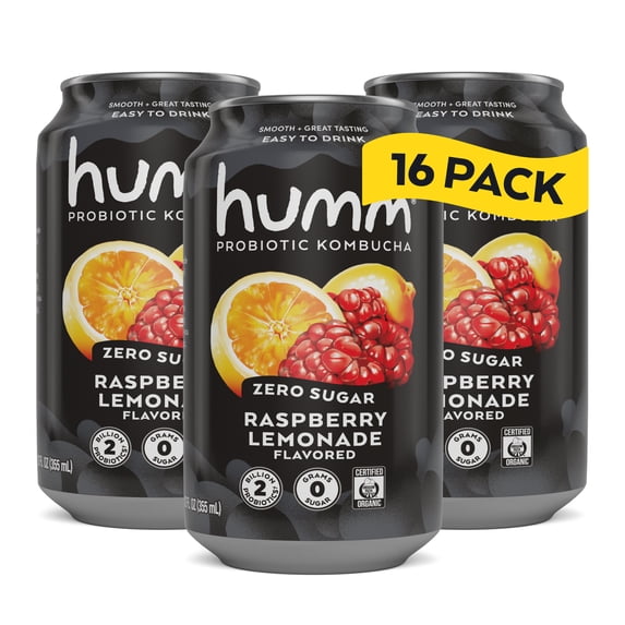 Humm Kombucha Zero Sugar Drink, Raspberry Lemonade, 16 Pack, 12 oz Cans