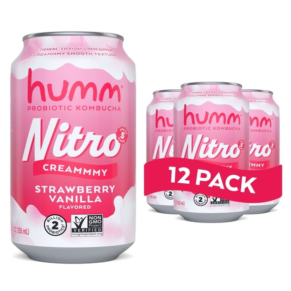 Humm Nitro Kombucha Strawberry Vanilla, 12 fl oz (Pack of 12)