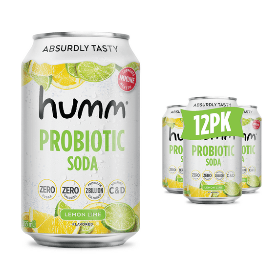 Humm Sparkling Probiotic Soda, Lemon Lime, 12 Pack, 12 oz Cans