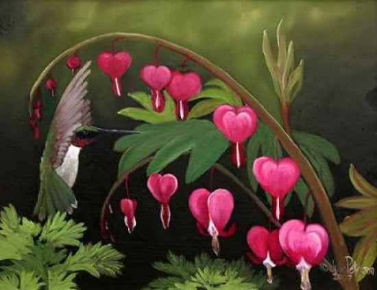 Hummer and Bleeding Hearts Canvas Art - Julie Peterson (22 x 28)