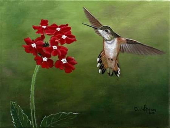 Hummer and Red Flowers Canvas Art - Julie Peterson (22 x 28)