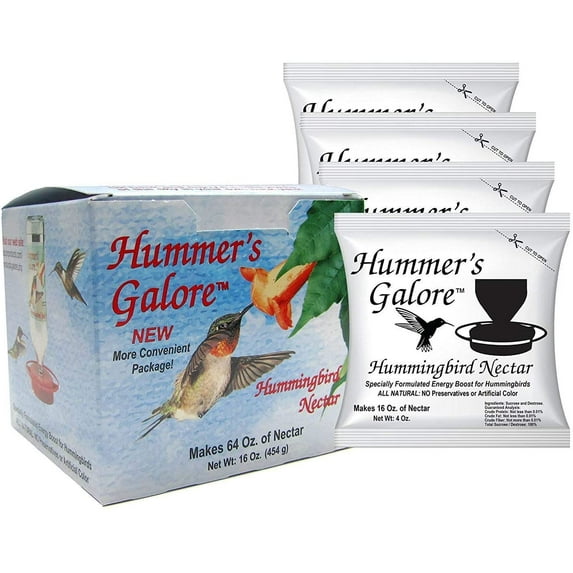 Hummer's Galore Hummingbird Food - Ready-to-Mix Hummingbird Nectar, All-Natural Nectar Collector Formula, No Preservatives or Dyes, Makes 64 Ounces (4 Packets Included)