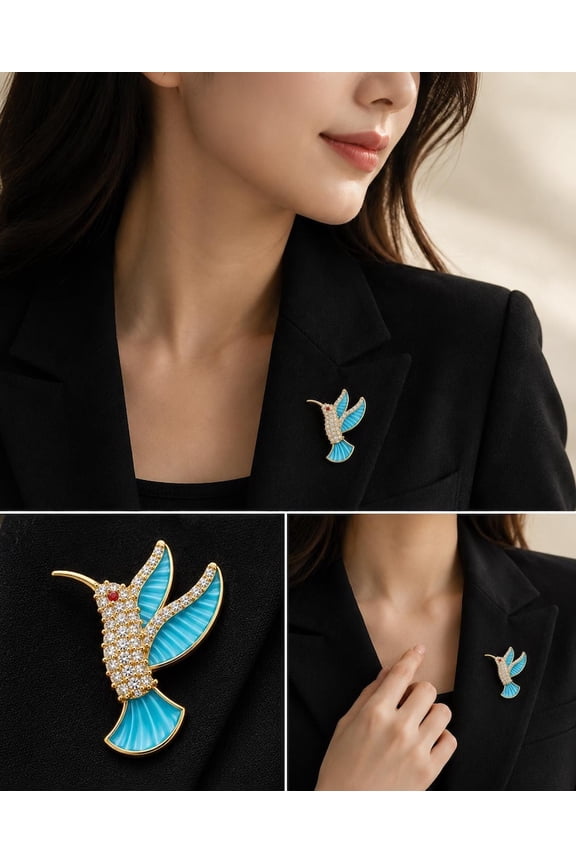 Humming Bird Diamond Brooch - Enamel Dainty Minimalist Brooch For Him - Unisex Brooch 925 Sterling Silver Gold Plated