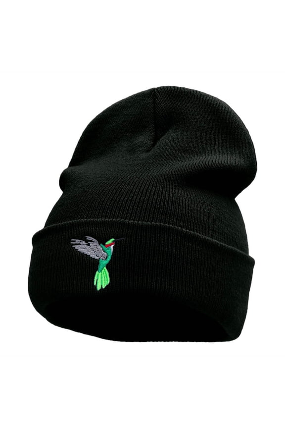 Humming Bird Embroidered 12 Inch Long Knitted Beanie - Black OSFM