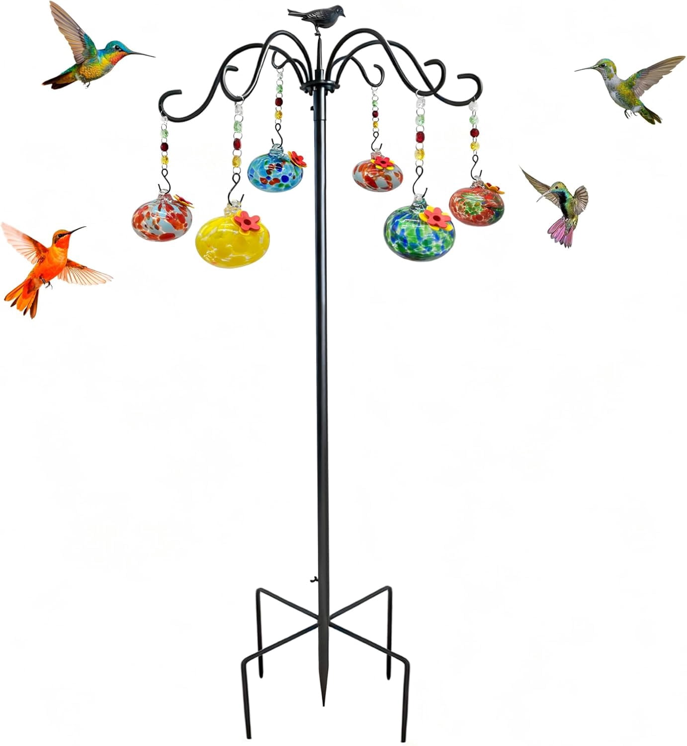 Humming Bird Feeders with Shepherds Hook, (6 Feeding Stations