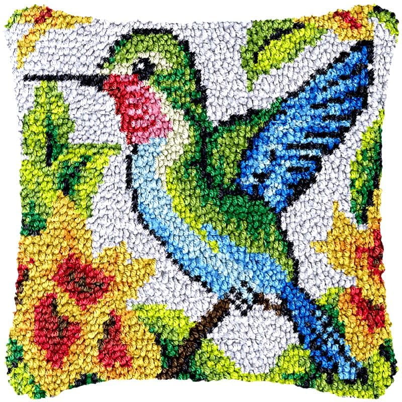 Humming Bird Flowers Latch Hook Pillow Cover Kits for DIY Handmade Throw Pillow Cross Stitch Latch Hook Pillowcase Rug Kits with Preprinted Color Pattern Canvas Crochet Yarn Kits 17''X 17''(ch69)