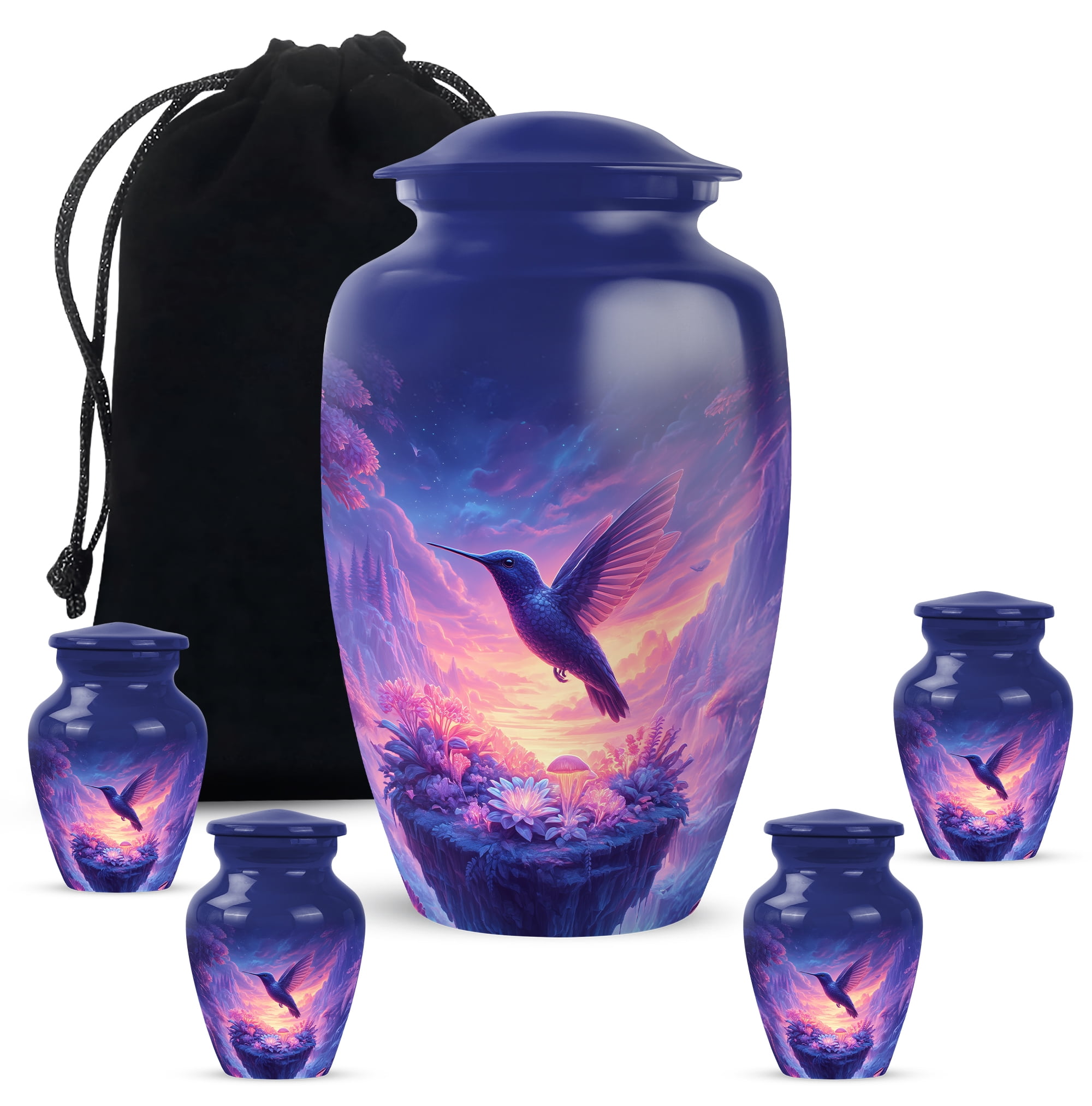 Humming Bird Funeral Urn For Women - 1 Large Purple Cremation Urns For Human Ashes Adult Male - Pink Mini Urns For Human Ashes Set Of 4 - Flowers Funeral Urn For Male, Combo, Blue 10&3 Inch