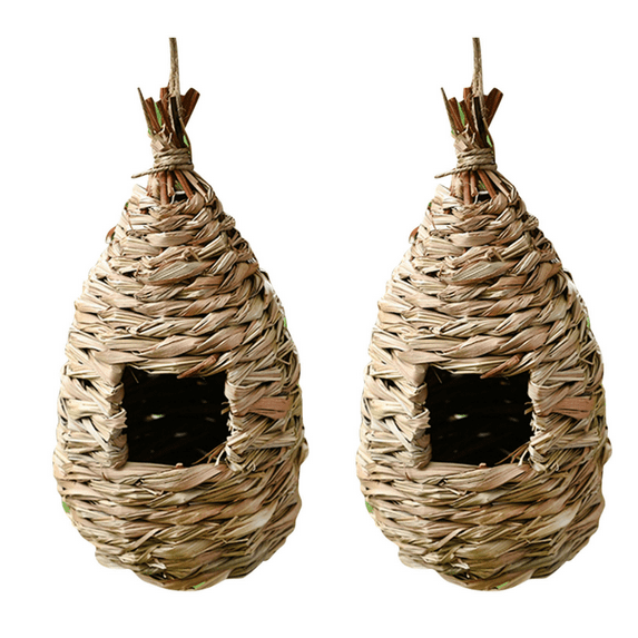 Humming Bird Houses for Outside Hanging,Natural Grass Hut,Hand Woven Hummingbird Nest for Garden Window Outdoor Home Decoration,2 Pack (Water Droplets)