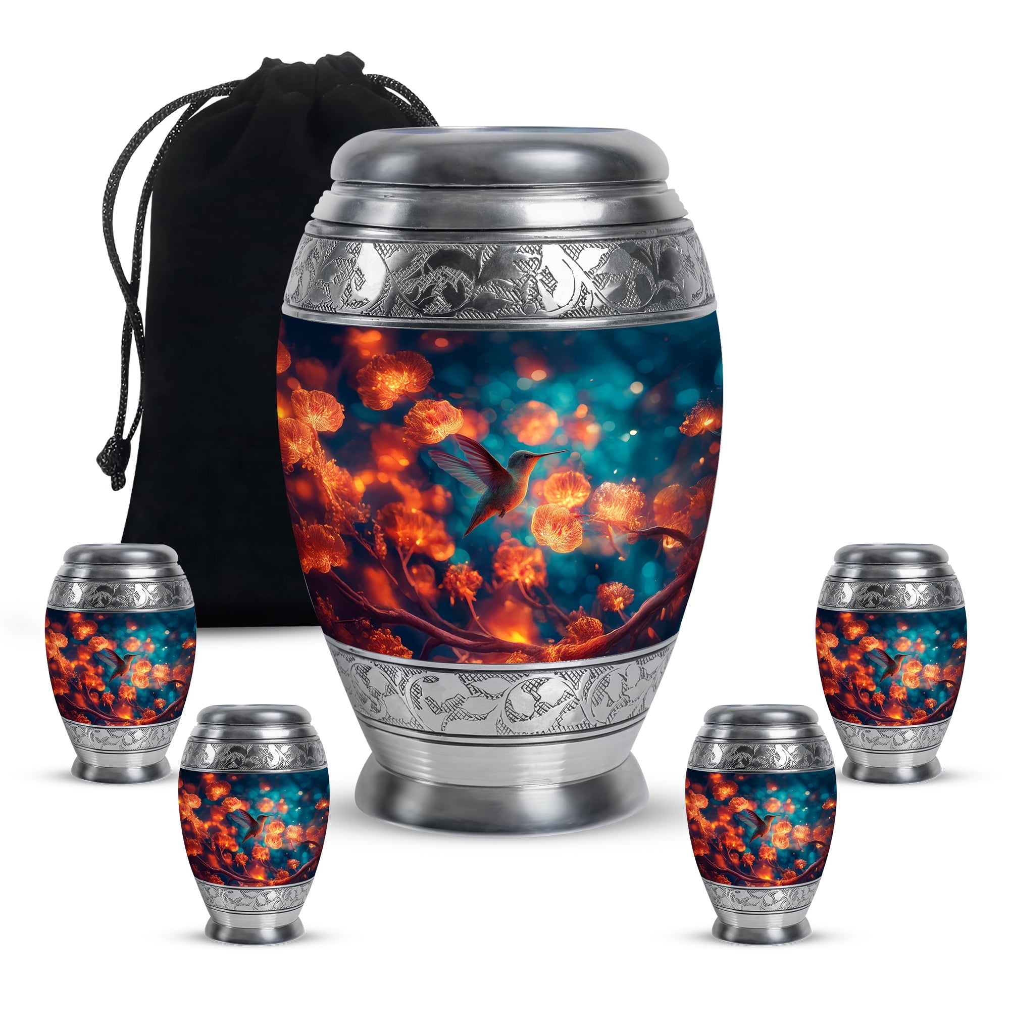 Humming Bird Keepsake Flowers Urn For Ashes Adult Female, 1 Large Cremation Urns For Male, Little Urns For Human Ashes Set Of 4, Blue Urn For Mother, 10&3 Inch