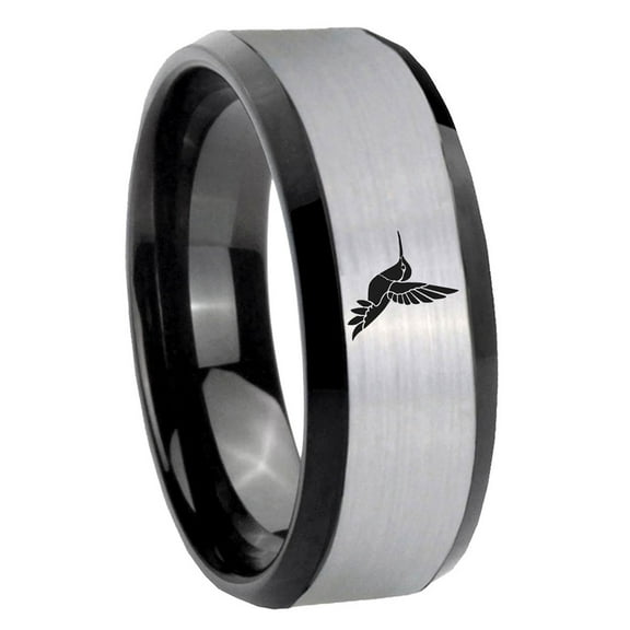 Tungsten Humming Bird 8mm Gray Beveled Edges Black Polished Men's Ring