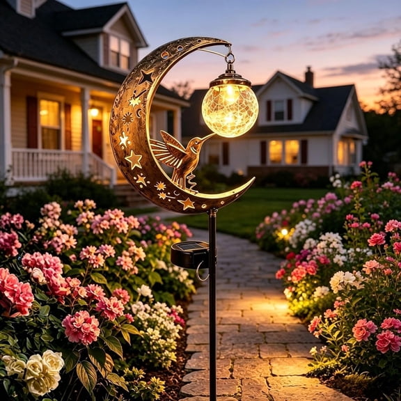 Humming Moon Solar Garden Stake Light Outdoor, Waterproof Half Moon LED Pathway Decor with Crackle Hanging Glass Globe, Metal Crescent for Yard Patio Lawn1 PC
