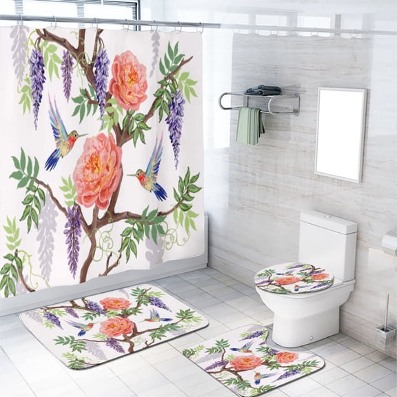 Hummingbird 4 Pcs Shower Curtain Set Spring Bird Floral Flower Bath Curtain for Bathroom Waterproof Fabric Bathroom Decor Set, 72x72 Inch
